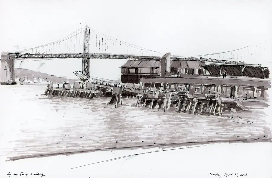 Marker cityscape of the waterfront and Bay Bridge near the Ferry Building