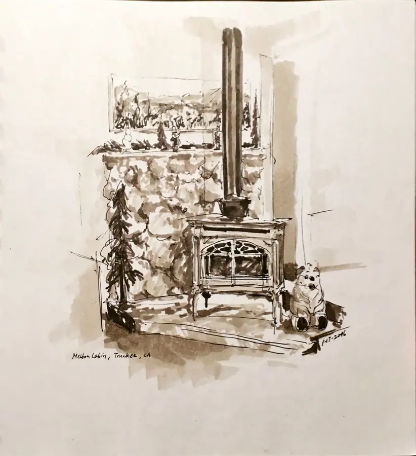 Marker drawing of a wood stove inside Melton Cabin
