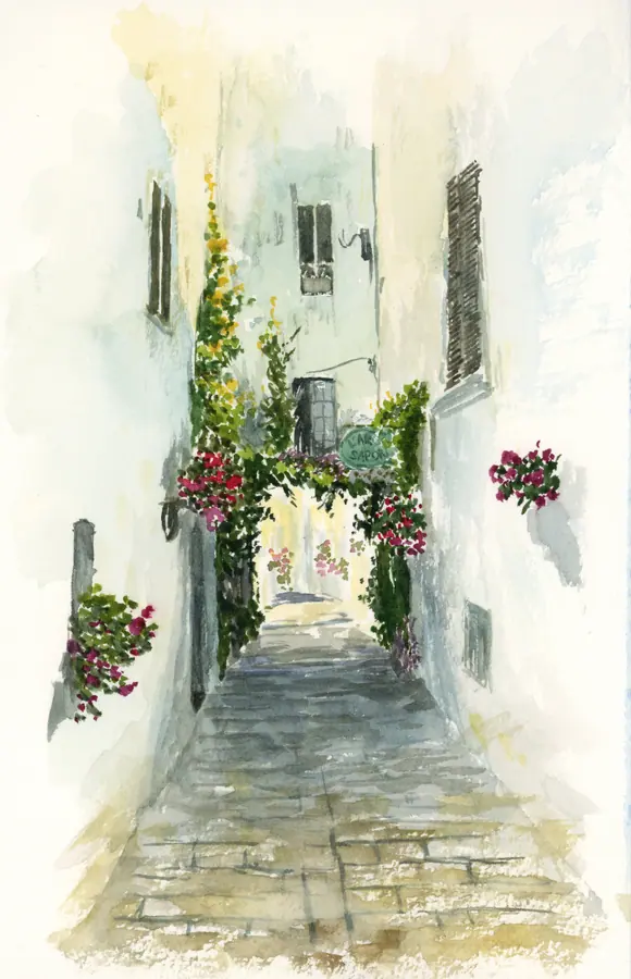 Watercolor of a narrow whitewashed lane in Ostuni, Italy